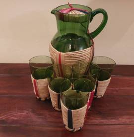 Set caraffa vintage da 2 litri con 5 bicchieri, in vetro soffiato verde 