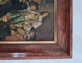 Quadro  d' antan  dipinto a olio  su tavola  “  Cavalieri ai tempi di Luigi XIII  “ ,  firmato  