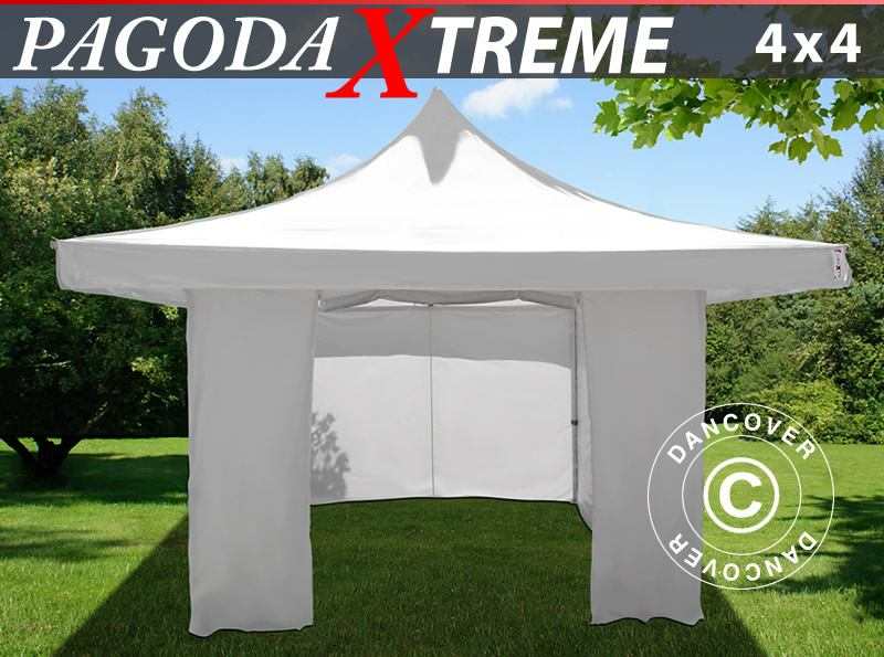 Gazebo pieghevole FleXtents Pagoda Xtreme 4x4m / (5x5m) Bianco, inclusi 4 fianchi