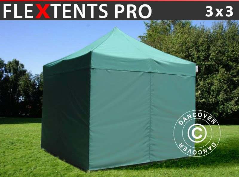 Gazebo pieghevole FleXtents PRO 3x3m Verde, inclusi 4 fianchi