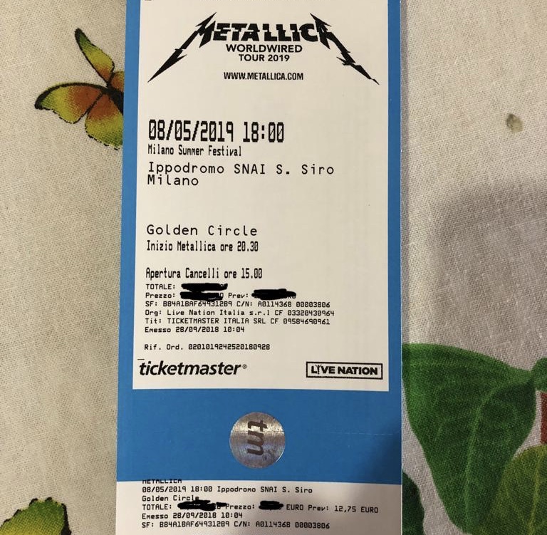 Biglietto concerto Metallica del 8/5/19