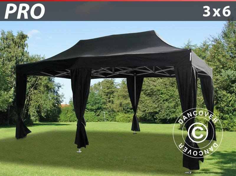 Gazebo pieghevole FleXtents PRO 3x6m Nero, incl. 6 tendaggi decorativi